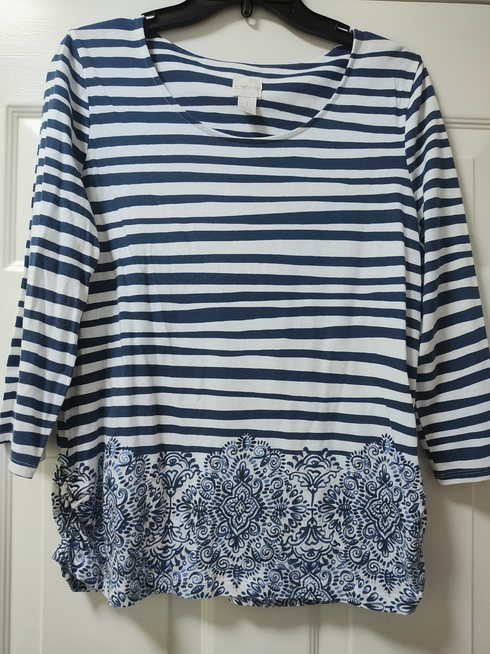 Women’s Navy & White Striped Scoop Neck Top with Border Print
